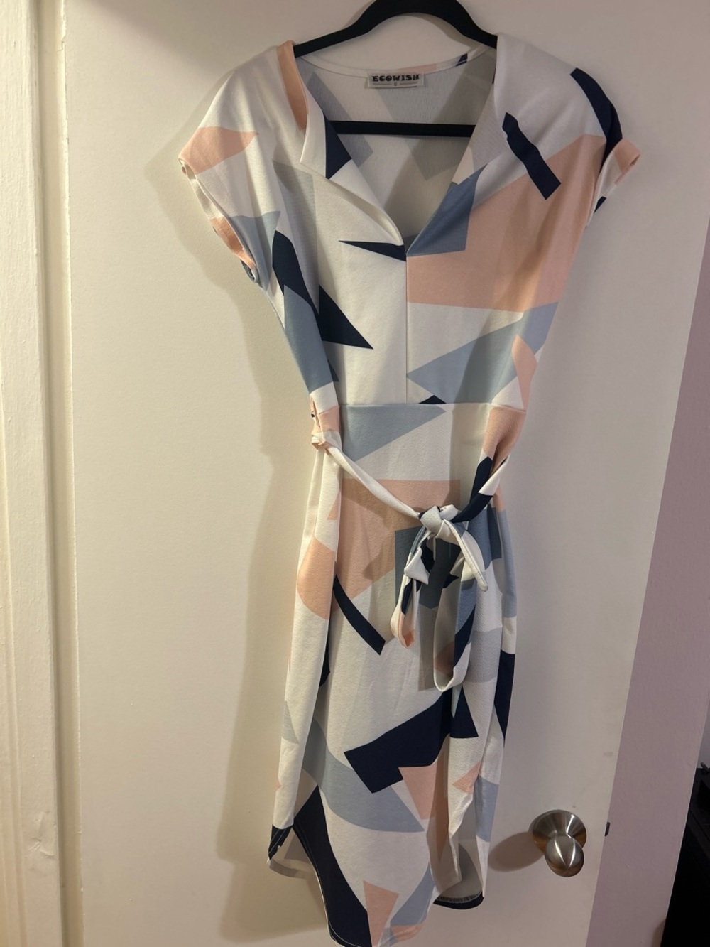 Wish Geometric Print Tie-Waist Dress in White, Navy, Blush and Light Blue